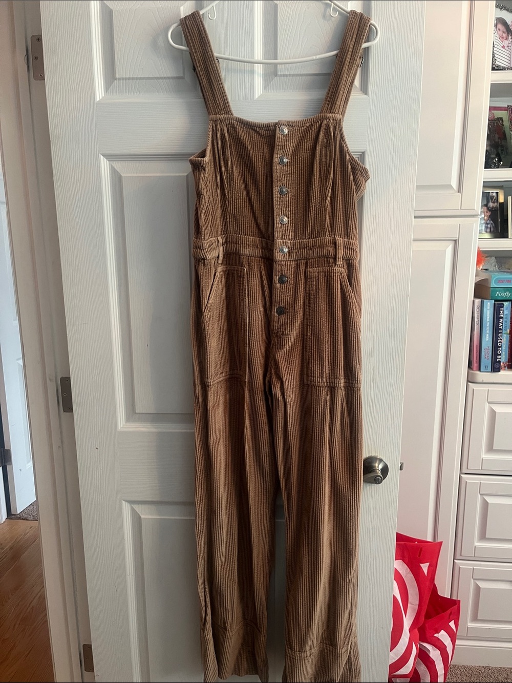 aerie Corduroy Button-Front Overalls in Tan Brown